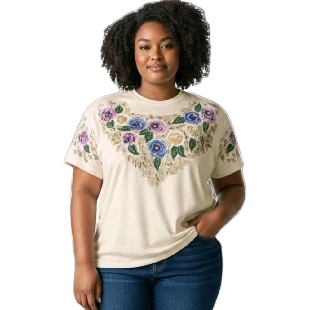 VTG Brush Works Hand Painted‎ T-Shirt Womens OS Cream Embellished NEW NWT USA